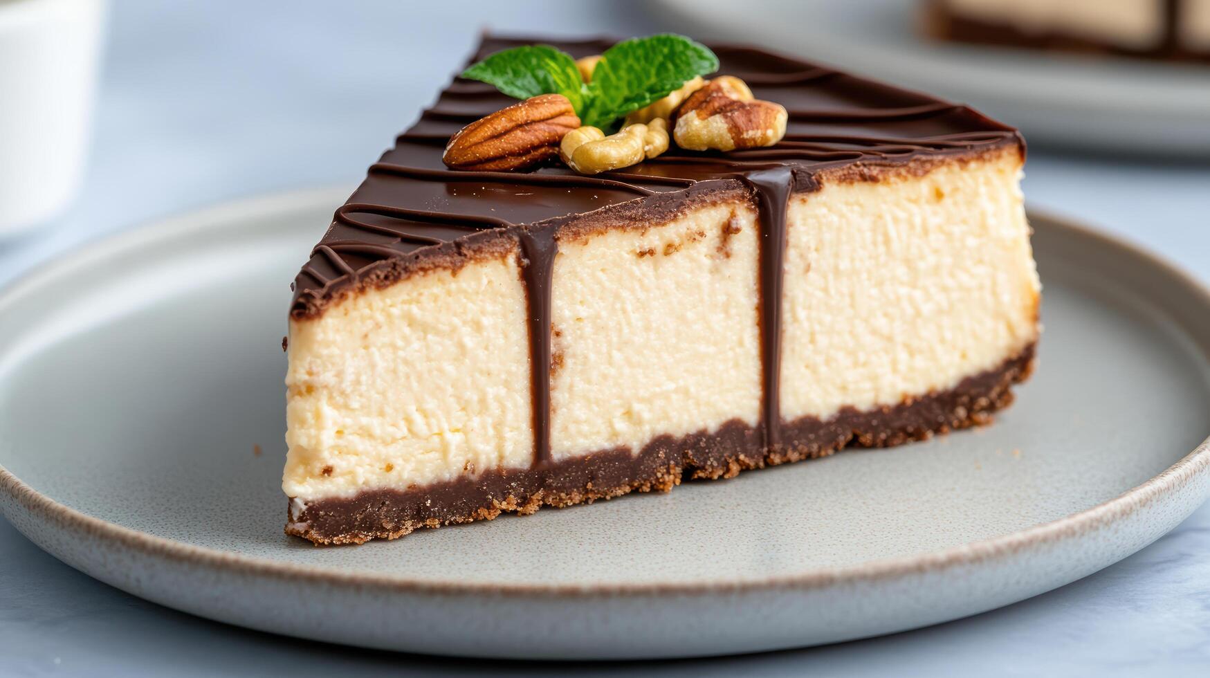 delicious slice of chocolate covered cheesecake with nuts and mint photo