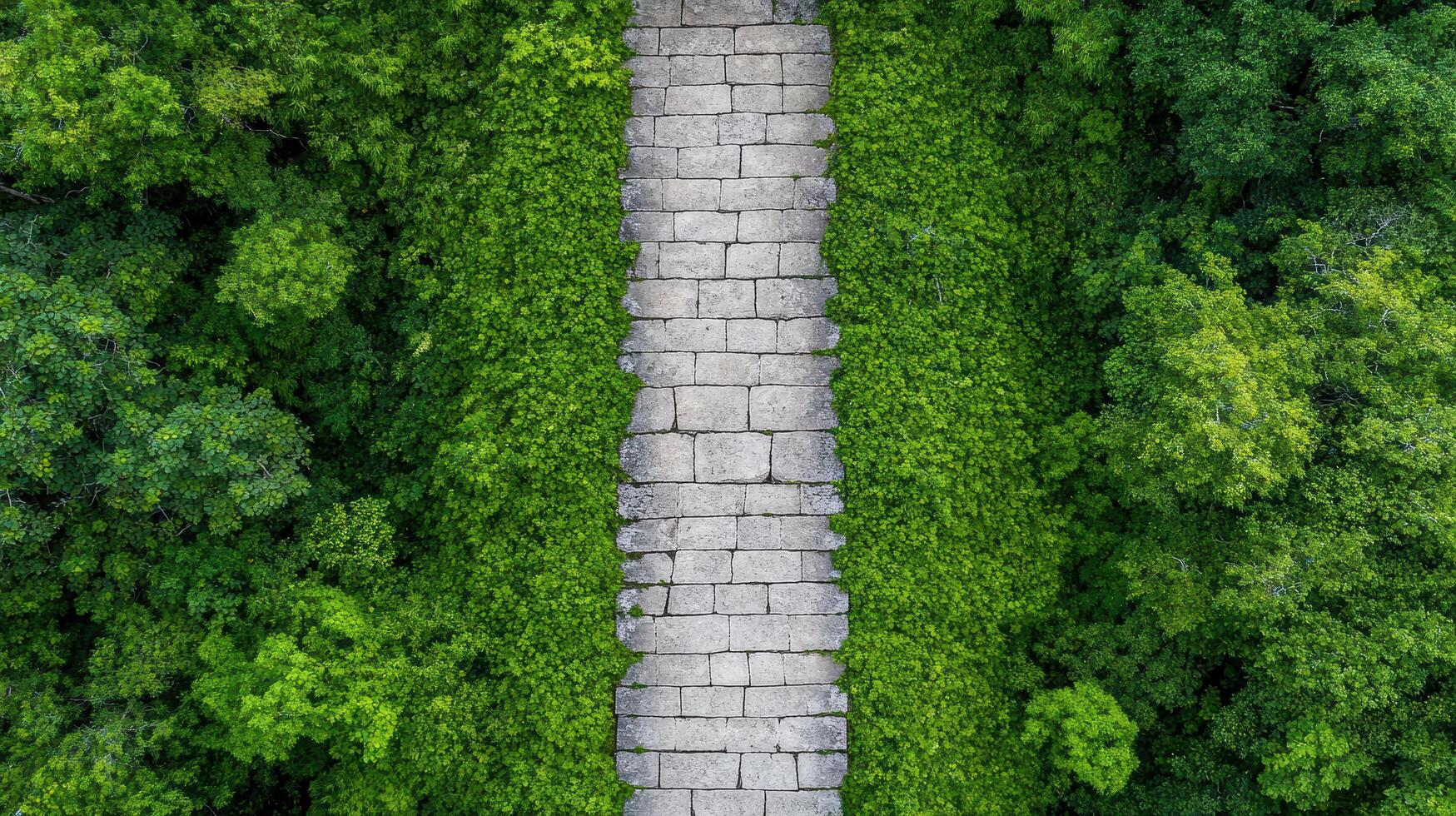 Aerial view of stone pathway through lush green foliage, inviting exploration photo