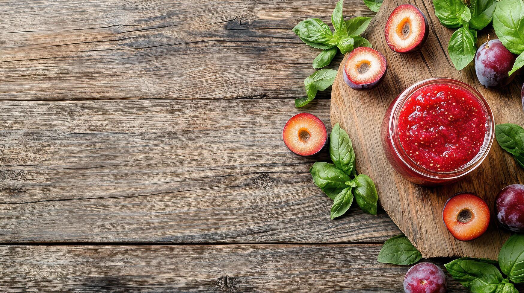 Fresh plum jam with plums and basil on wooden table, perfect for summer photo
