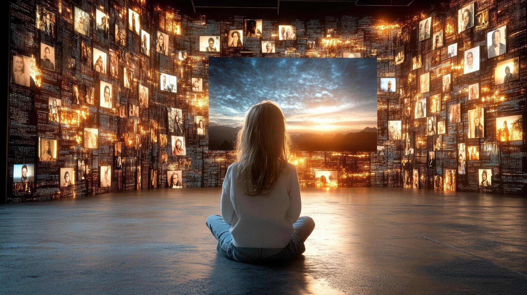 young girl sits in futuristic room, captivated by large screen displaying scenic view photo