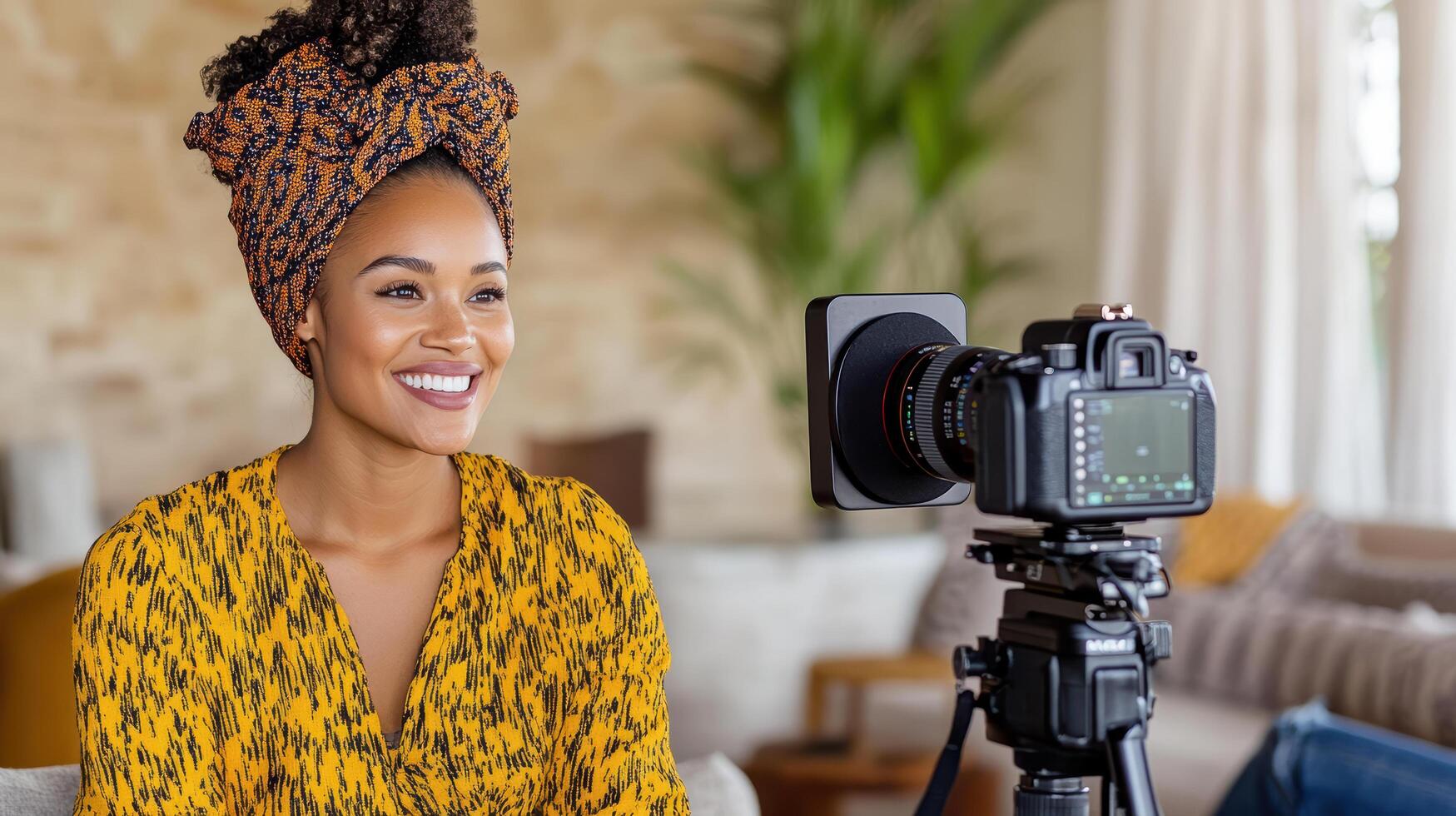 woman smiles while being filmed by camera in cozy setting photo