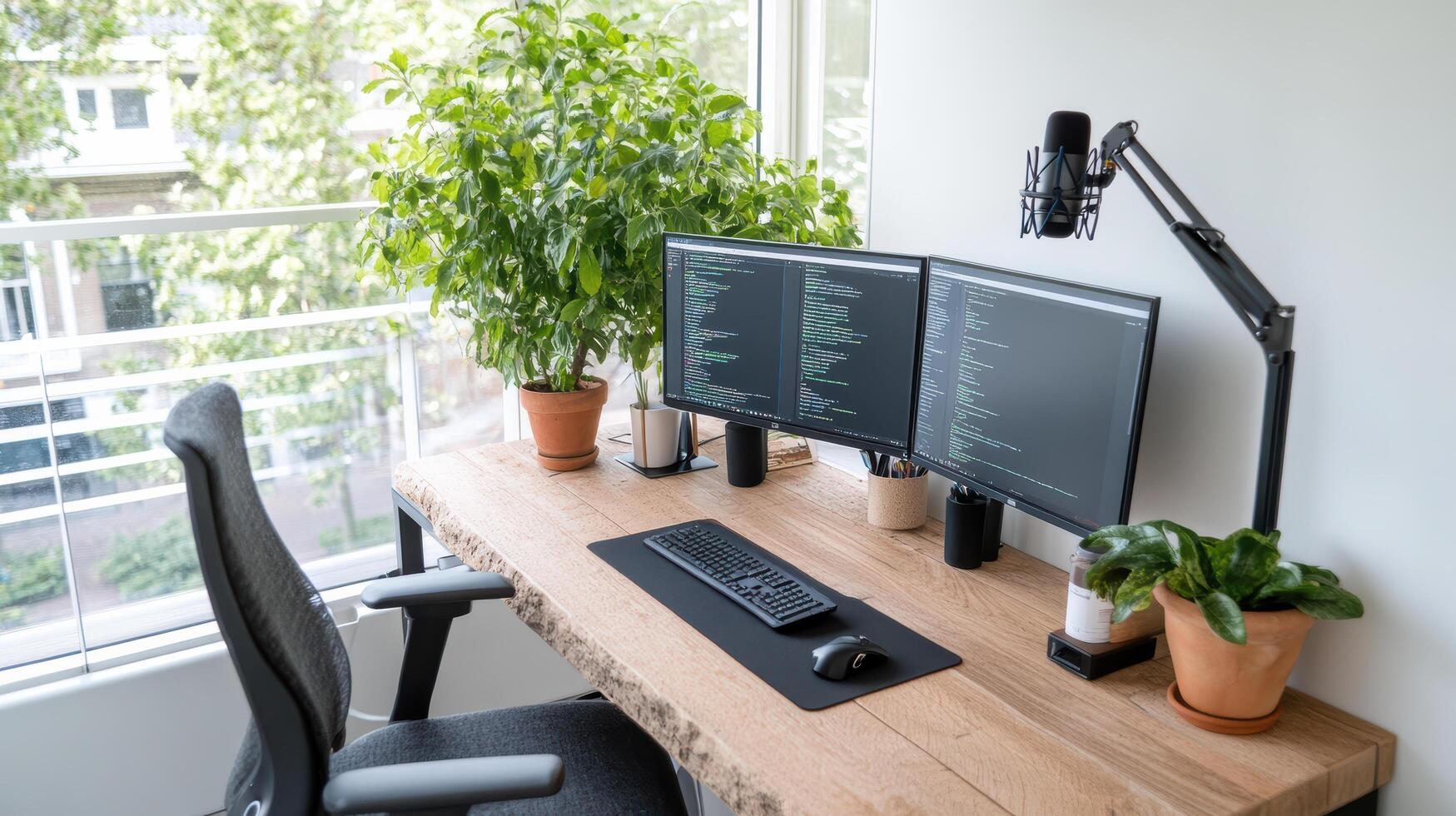 modern home office setup with dual monitors, plants, and comfortable chair photo