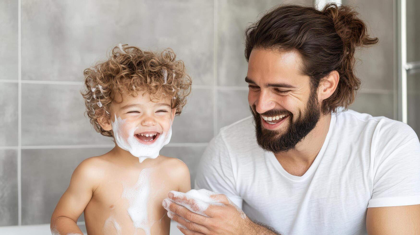 joyful father and son enjoying bath time with soap bubbles photo