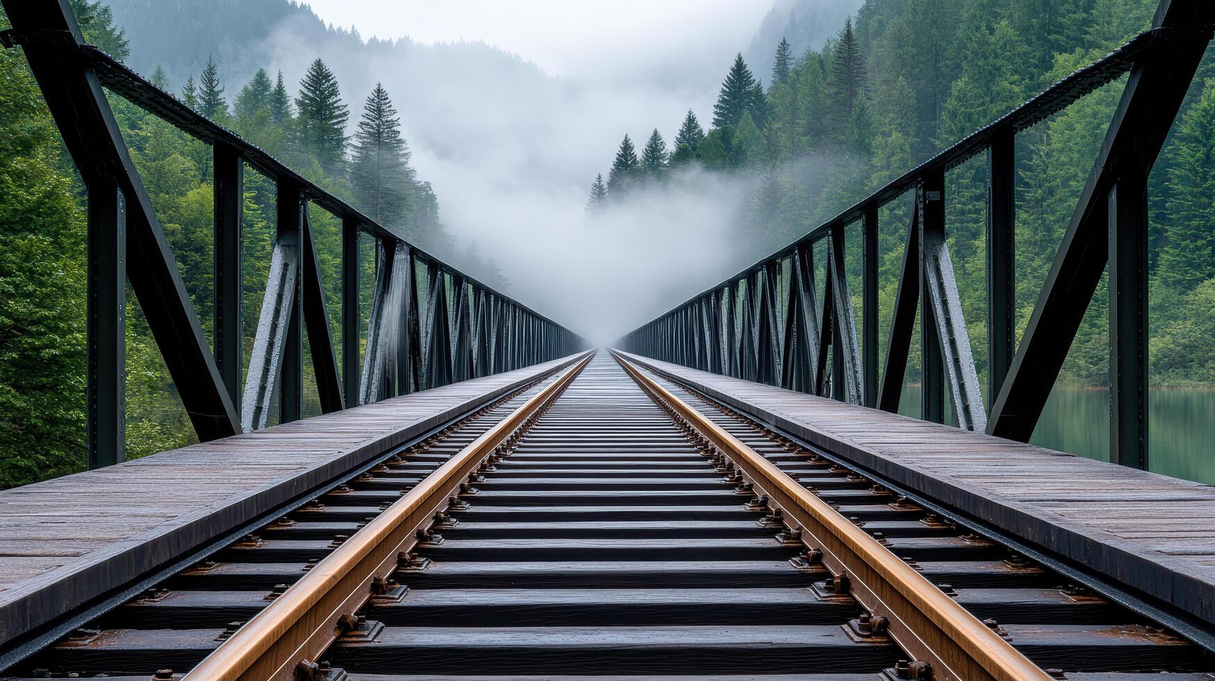 lonely railway bridge covered in thick fog, leading into unknown photo