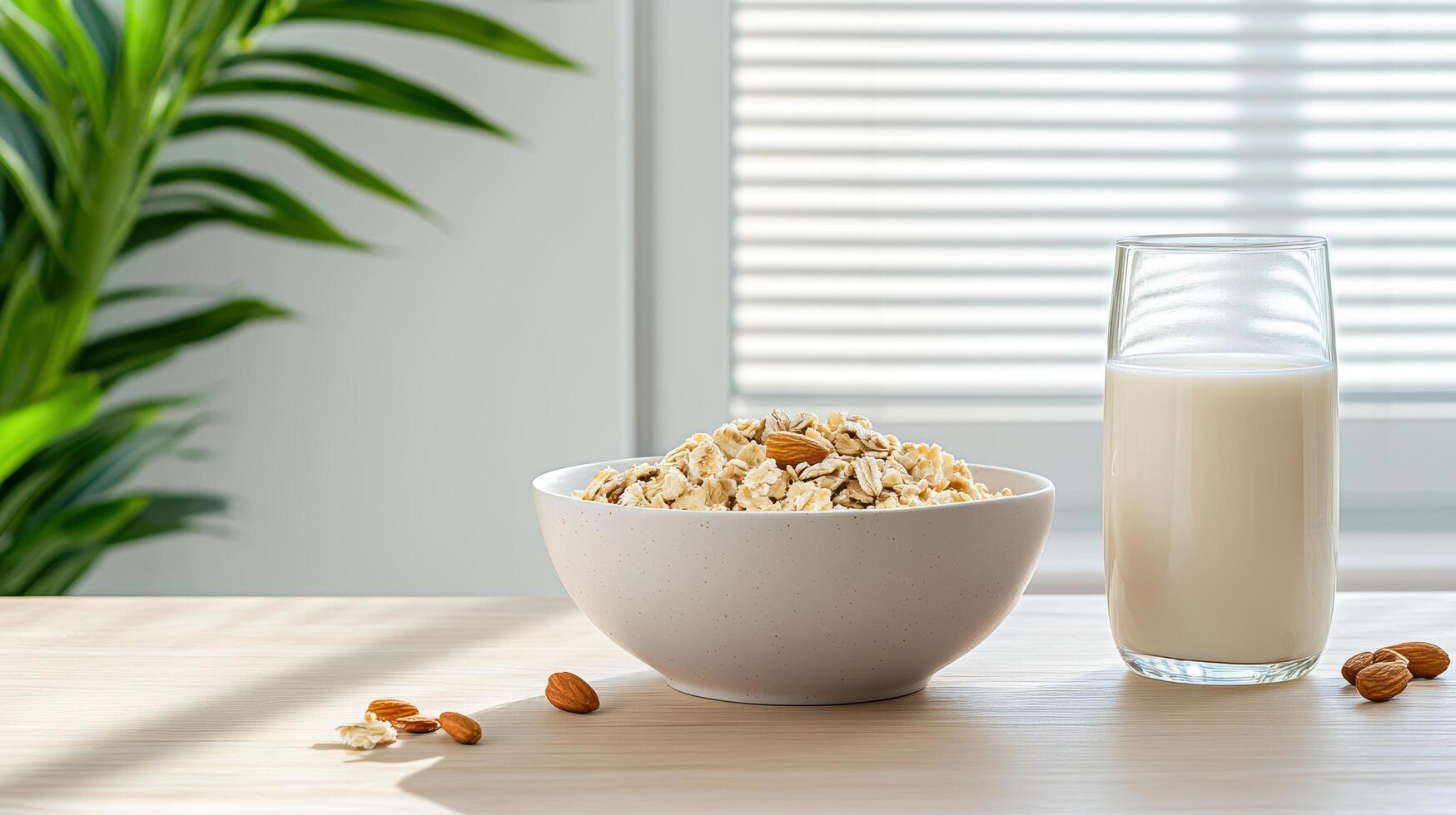 minimalist breakfast table with oatmeal, almonds, and milk photo