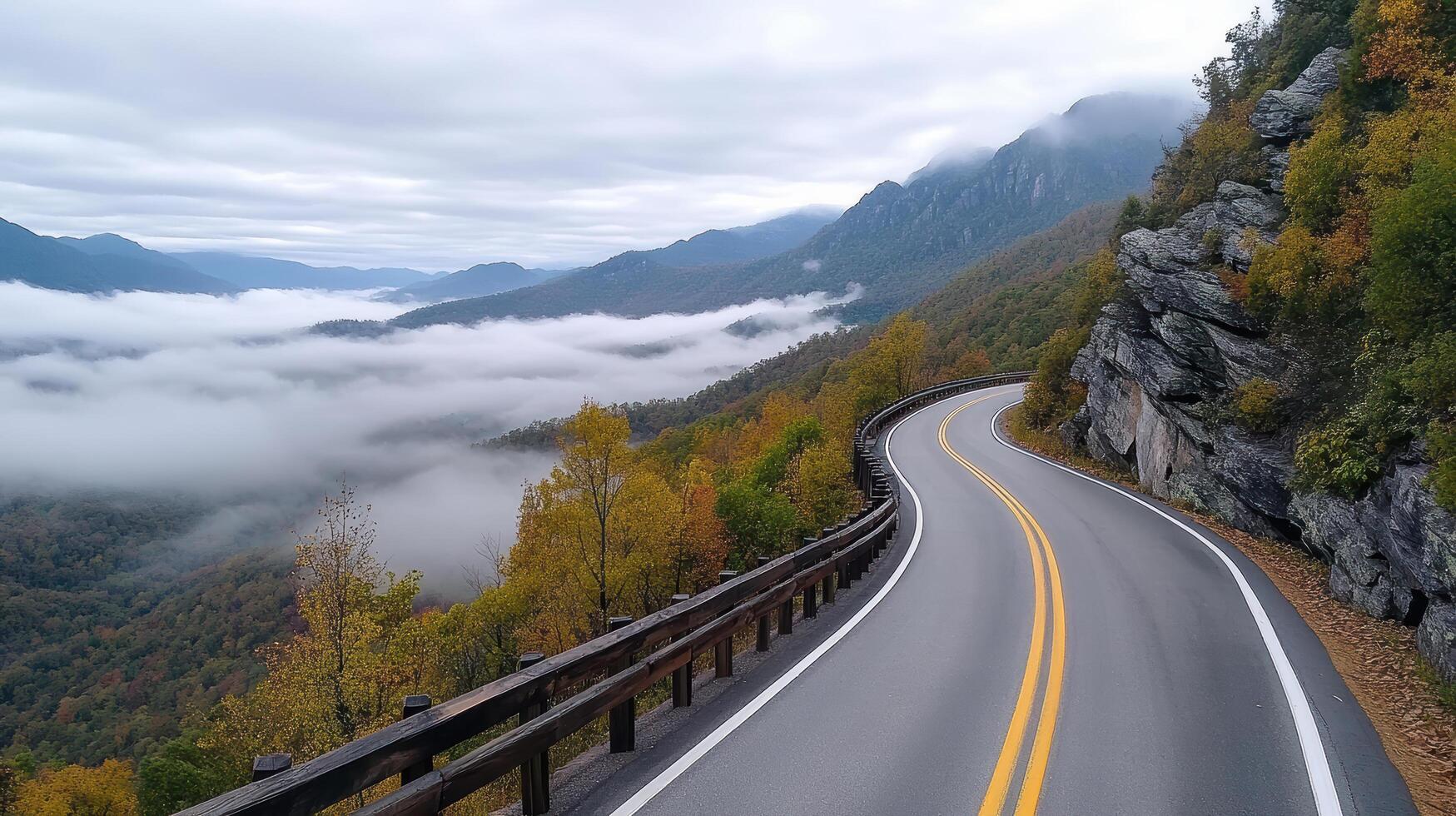 winding road through misty mountains and colorful autumn trees photo