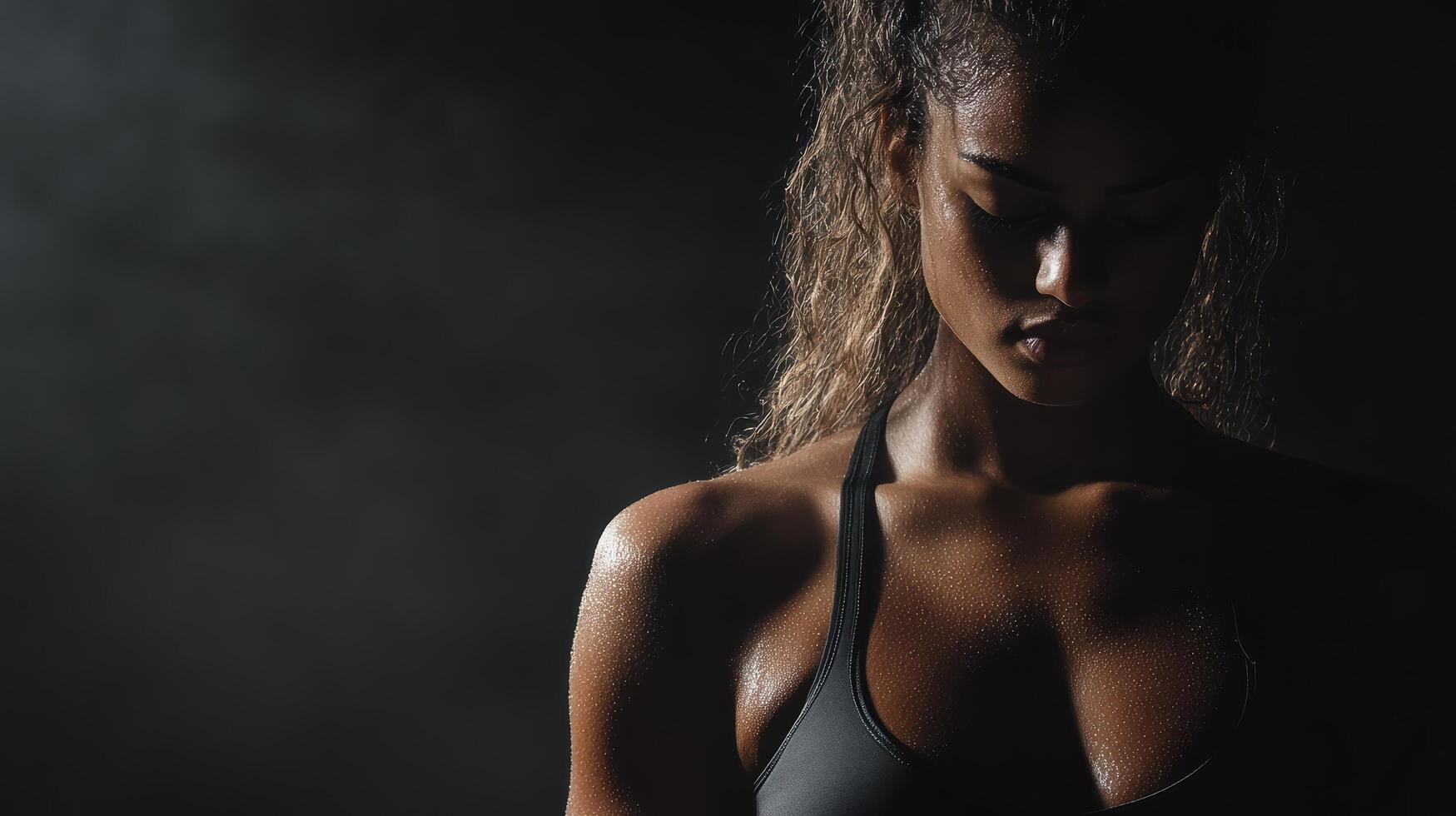 focused woman in sports bra, glistening with sweat in low light photo