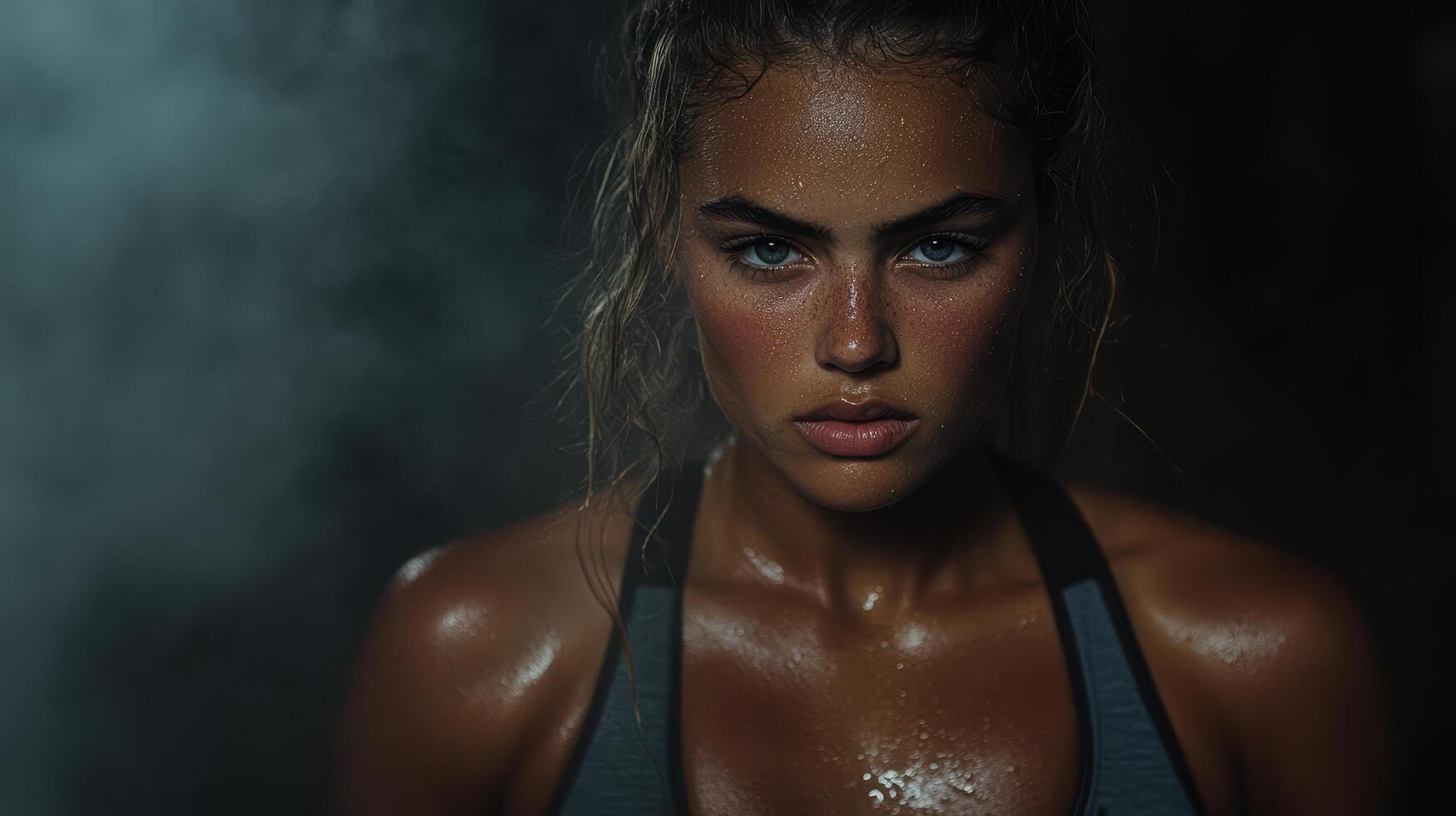 Fit woman with glistening skin, showcasing strength and determination photo