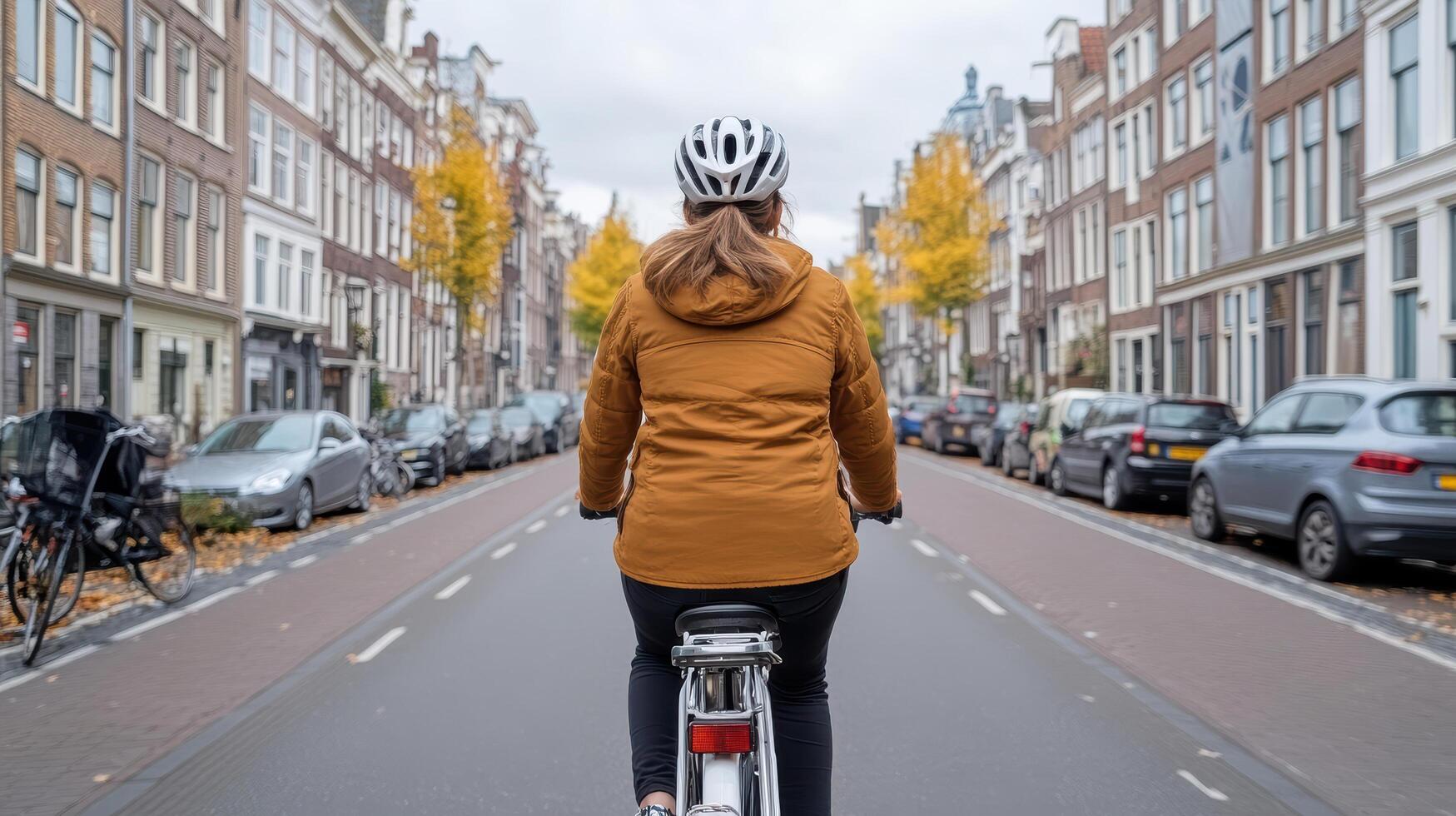 Exploring Amsterdam hidden alleys on bicycle, surrounded by autumn colors photo