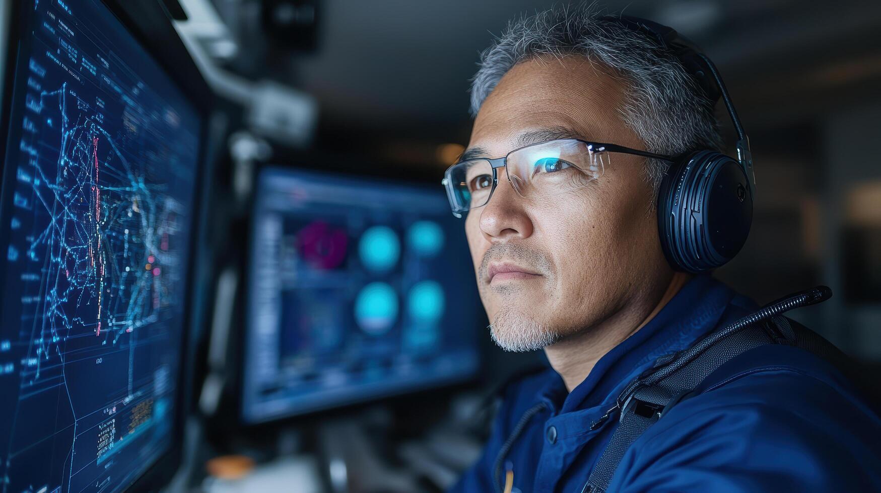 Focused man analyzing data on multiple screens in high tech environment photo