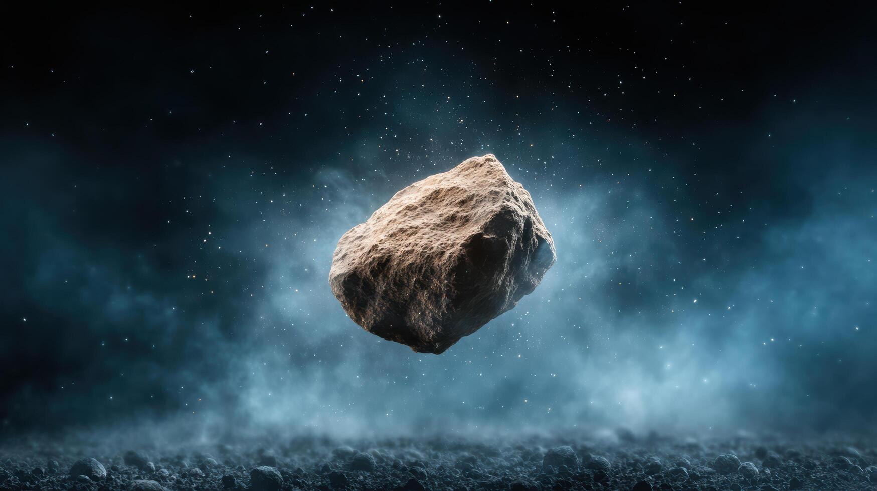 floating rock in deep space surrounded by cosmic dust and light photo