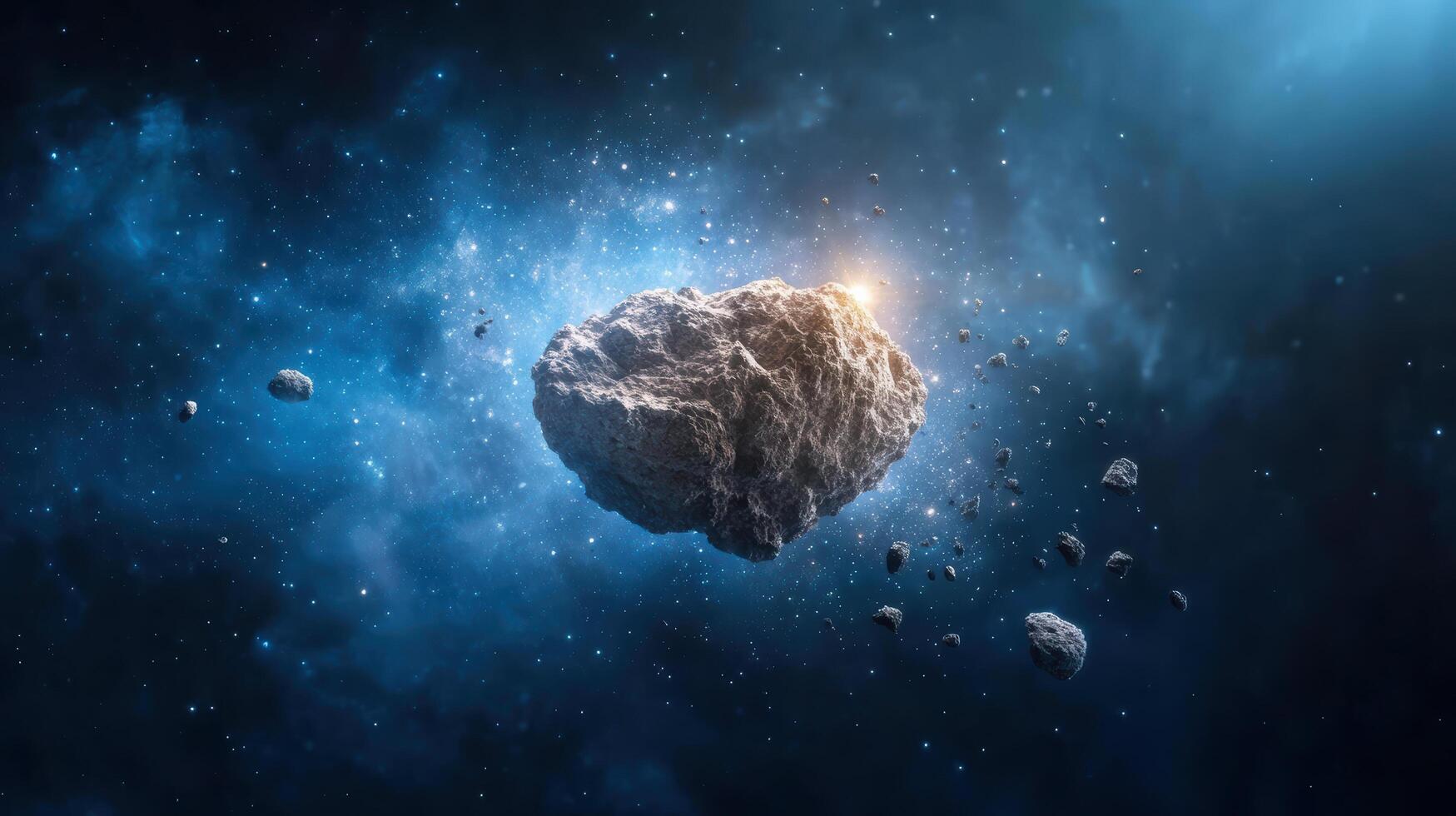 stunning asteroid floating in deep space, surrounded by stars and cosmic dust photo