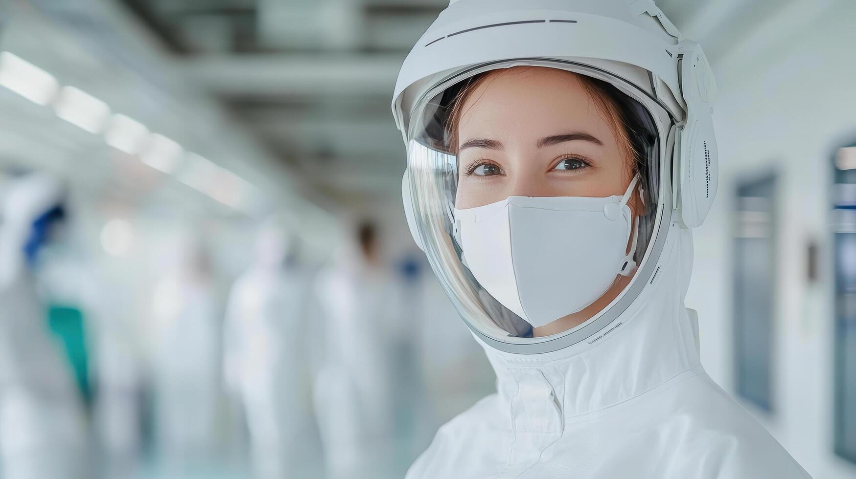woman in space suit and mask smiles in futuristic environment photo