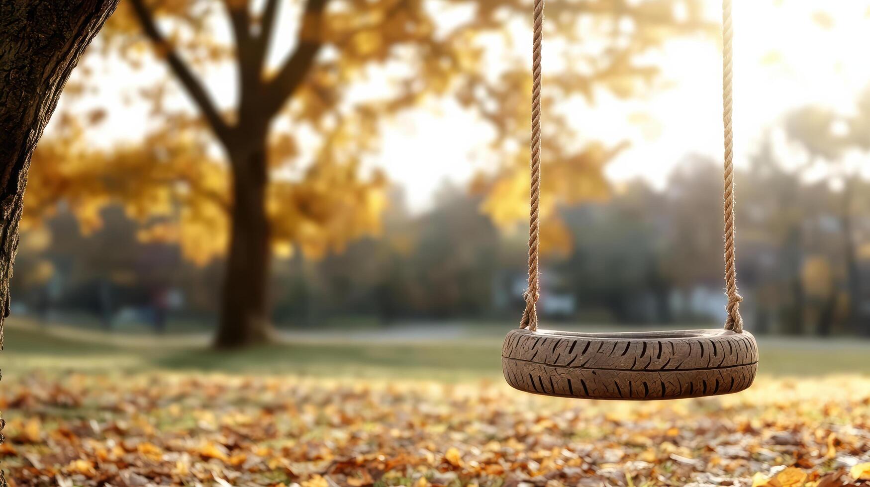 nostalgic scene of old tire swing hanging from tree in autumn photo
