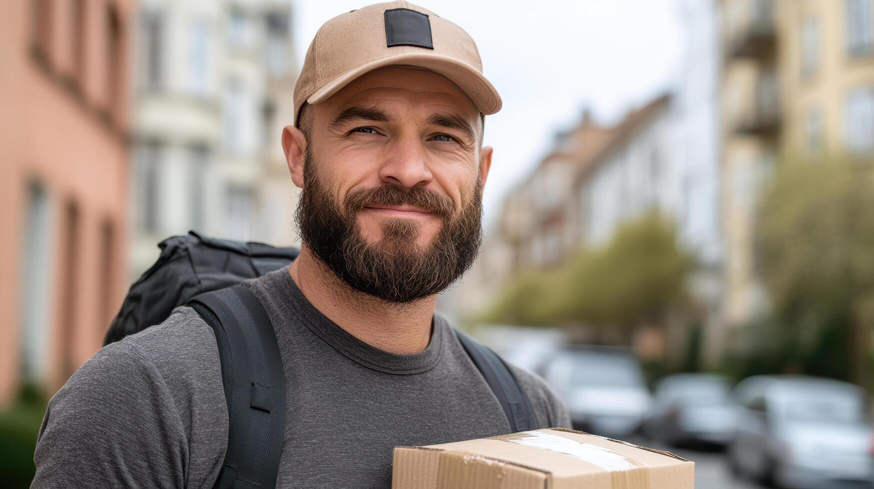 delivery driver smiling confidently while holding package in city photo