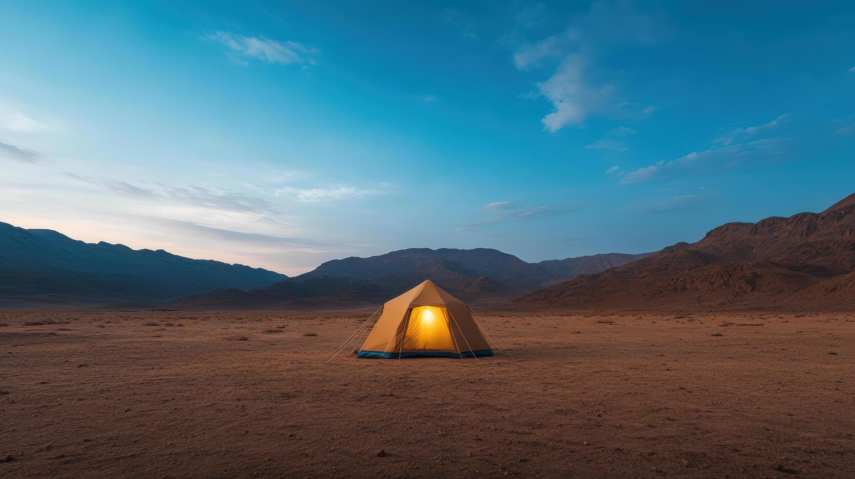 serene desert camp at dusk with glowing tent and mountains photo
