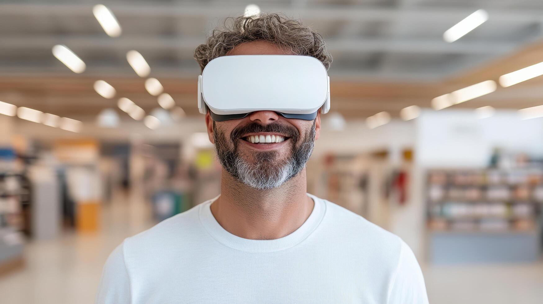 Man wearing virtual reality headset, smiling in modern store environment photo
