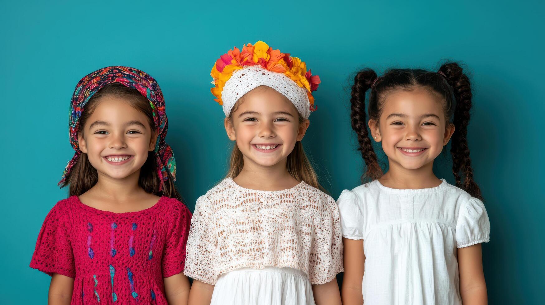 Brightly dressed girls in traditional attire smiling happily together photo