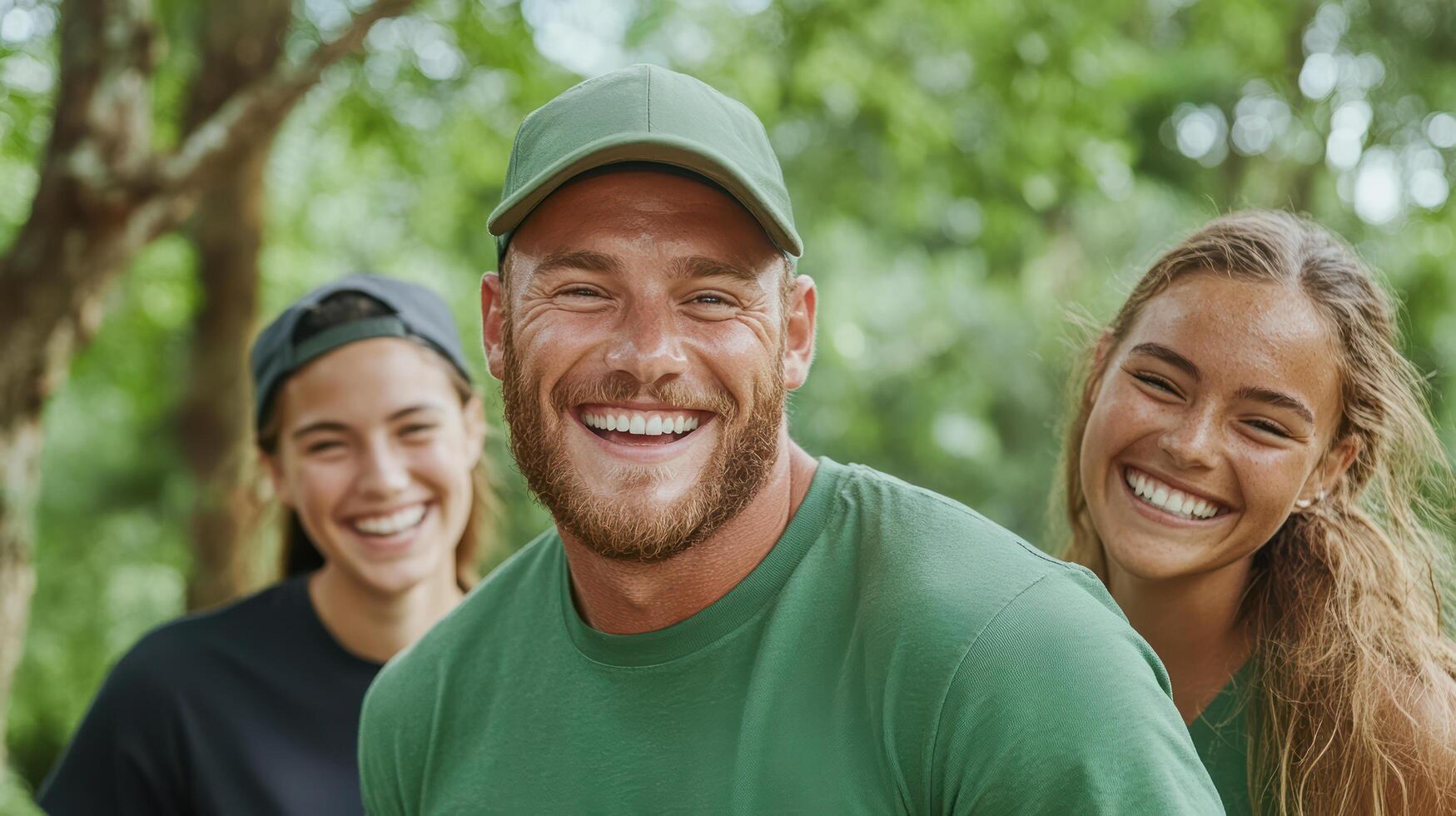 Happy coworkers enjoying time outdoors, laughing together in nature photo