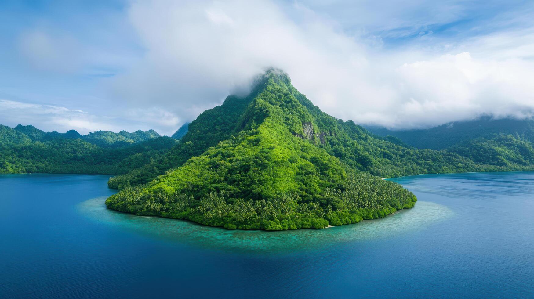 lush green island peak rising dramatically from turquoise sea, surrounded by clouds photo