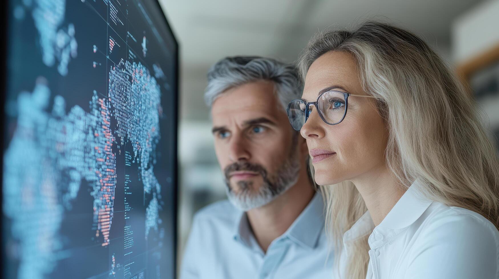 Professional team analyzing data on large screen, focused and engaged photo