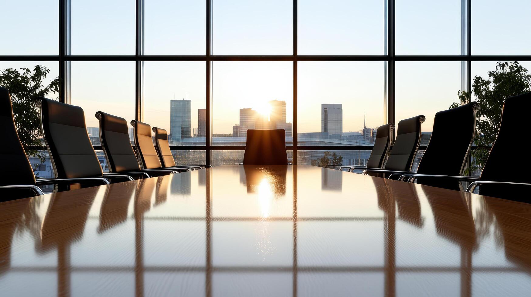 modern boardroom with view of city skyline at sunset photo