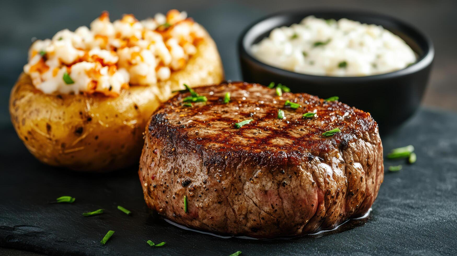 classic steakhouse meal featuring perfectly cooked steak, baked potato, and creamy sauce photo