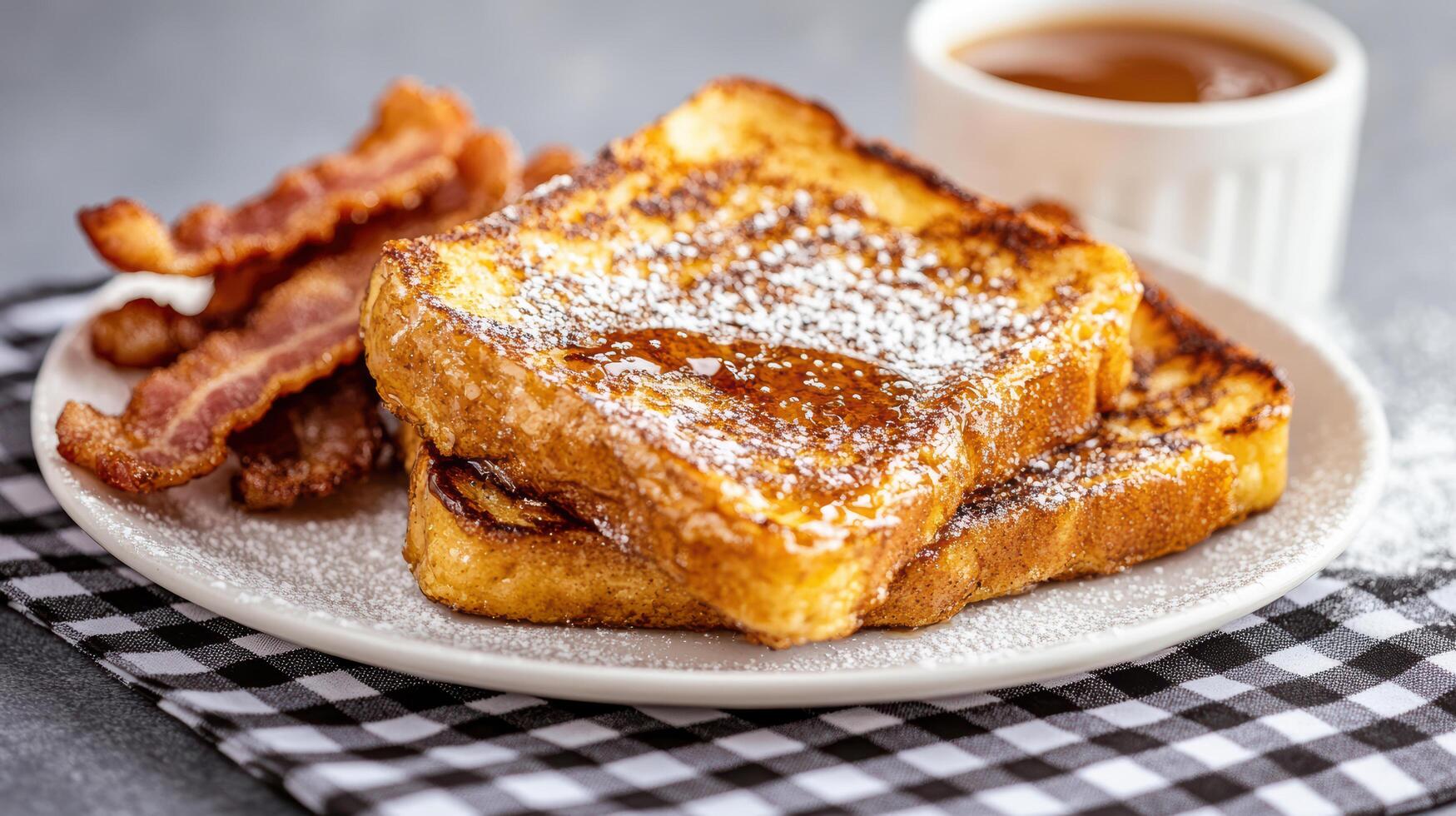 Delicious French toast served with crispy bacon and syrup photo