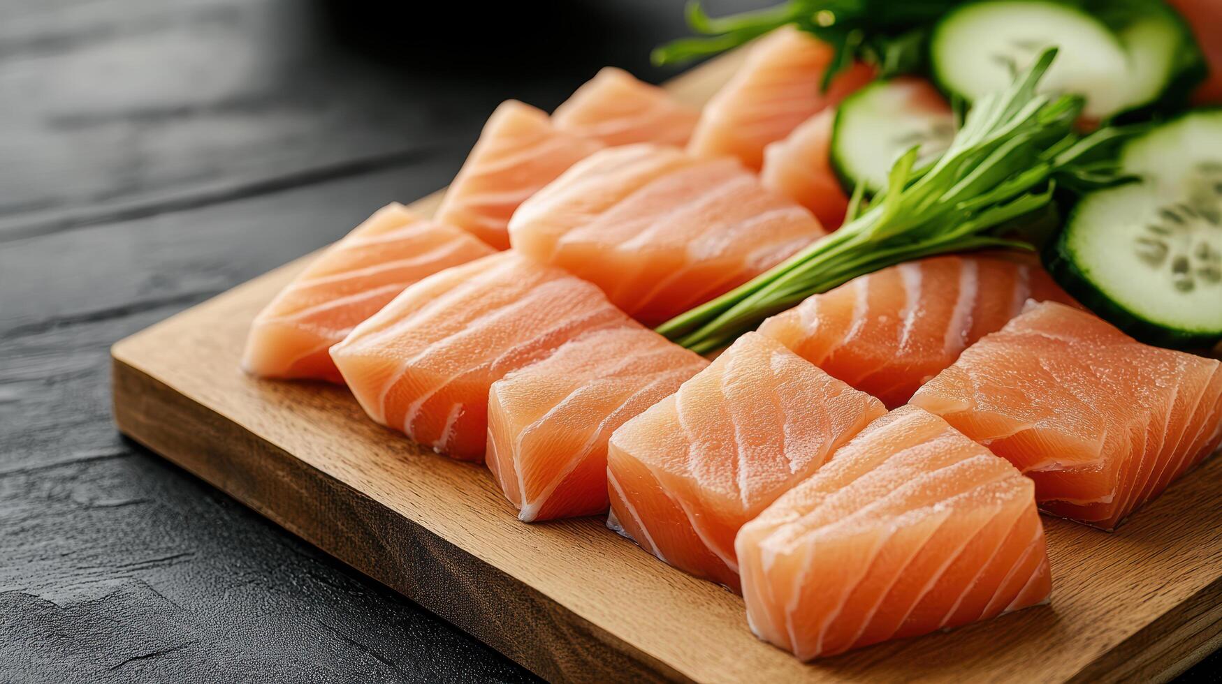 Freshly sliced sashimi with cucumber and greens on wooden board photo
