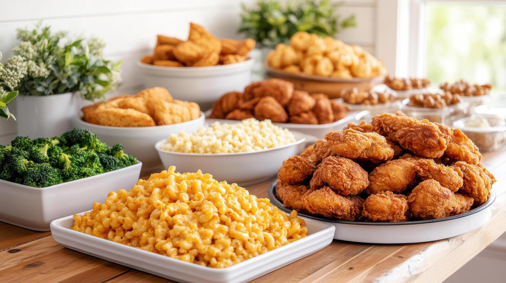 Delicious comfort food buffet featuring fried chicken, mac and cheese, and sides photo