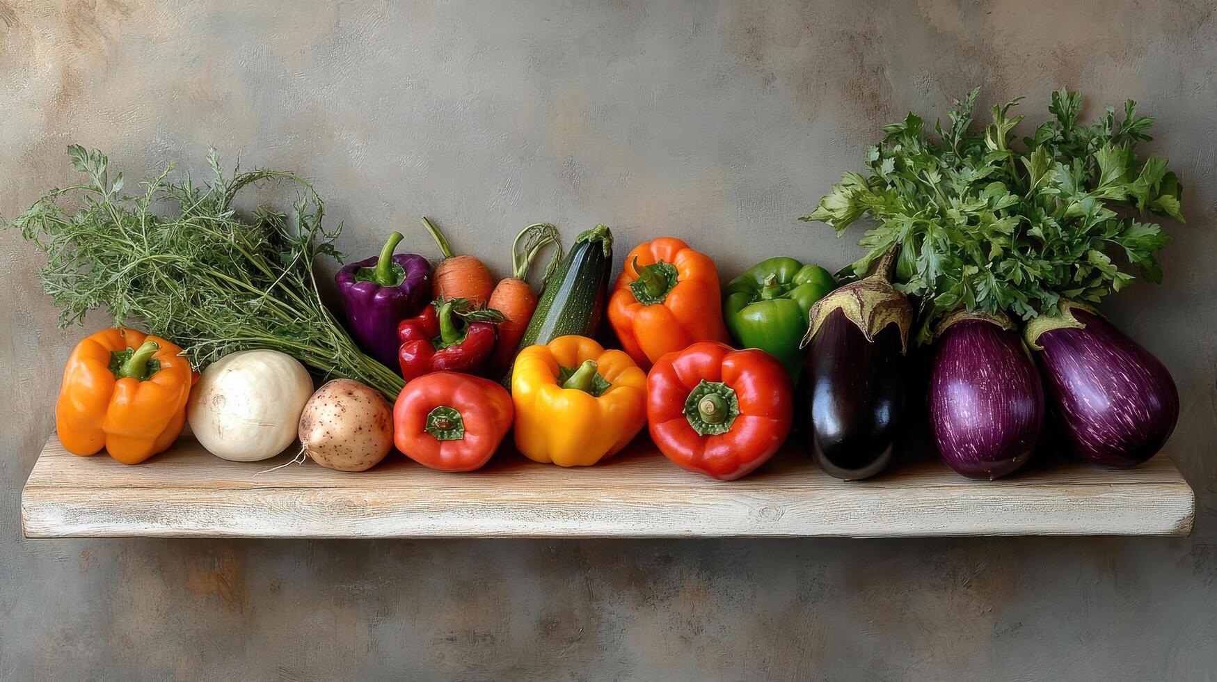 Colorful array of farm fresh vegetables including peppers, eggplants, and zucchini photo
