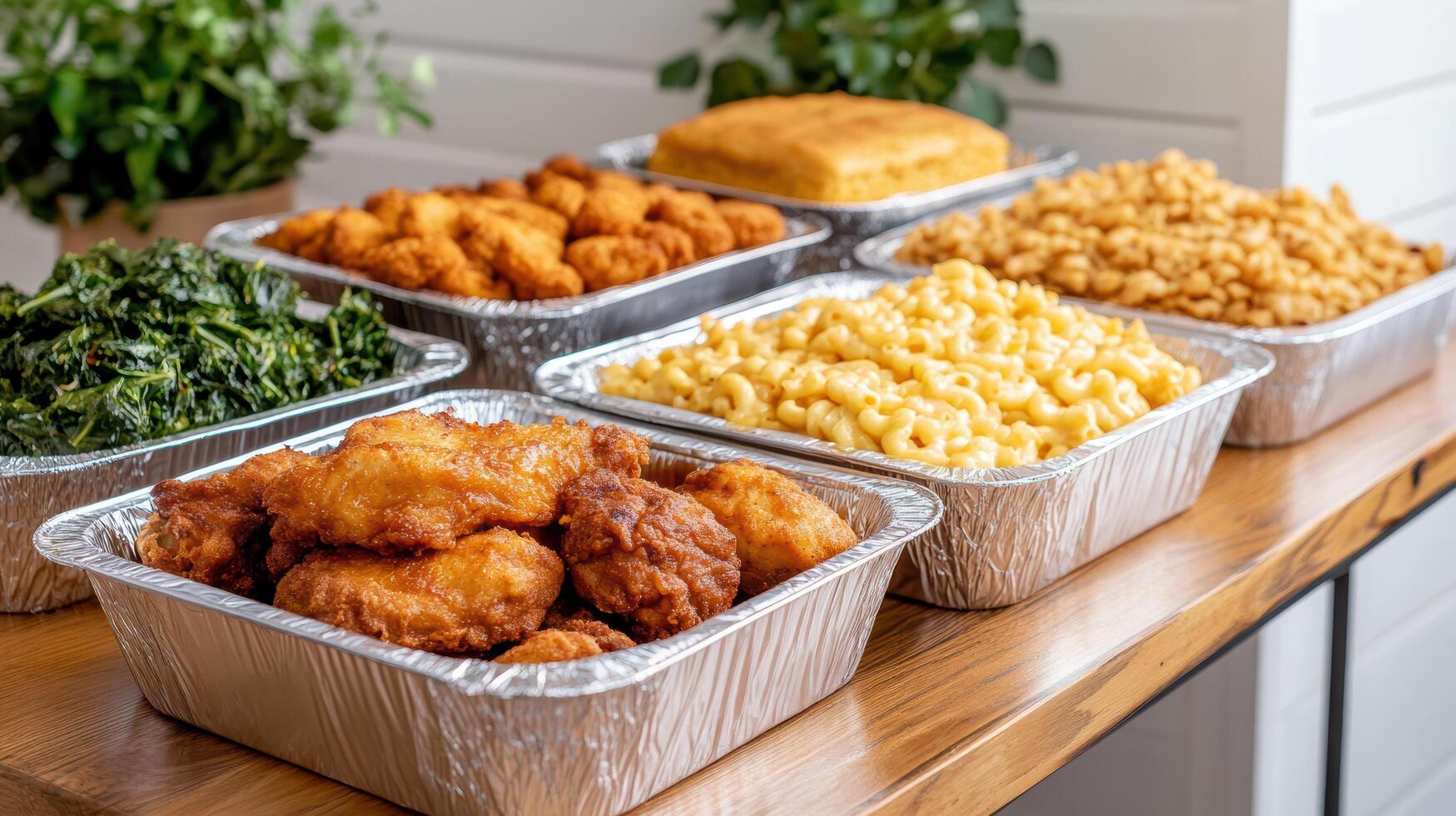 Delicious comfort food buffet featuring fried chicken, macaroni, and cornbread photo