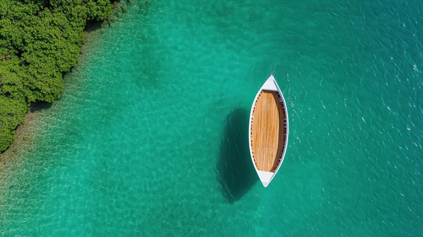 Aerial view of fishing boat on clear turquoise water near lush greenery photo