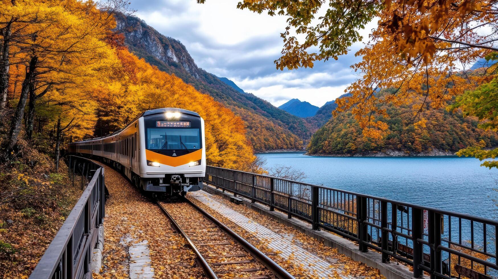 scenic train ride through vibrant autumn foliage by tranquil lake photo