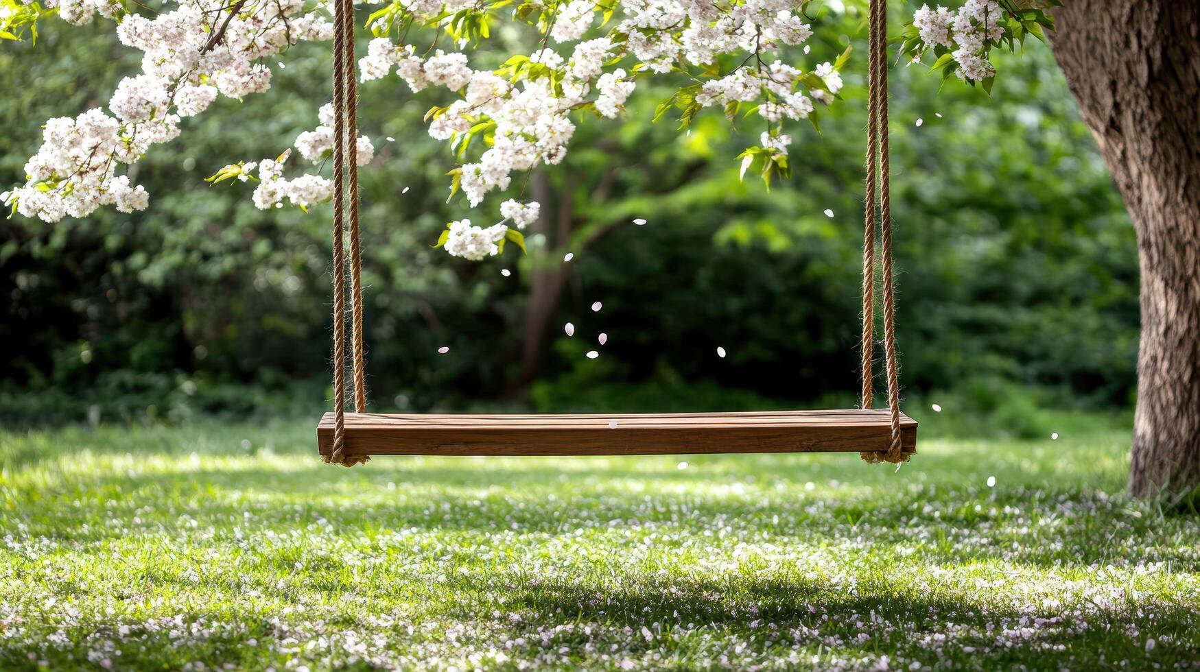peaceful backyard swing hanging under blossoming tree, surrounded by greenery photo