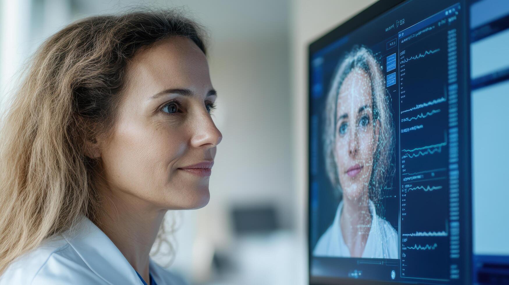 woman consulting with virtual doctor on computer screen, showcasing technology in healthcare photo