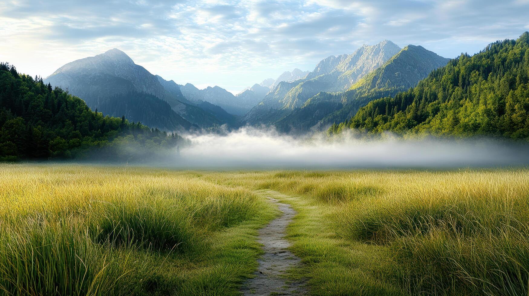 serene mountain meadow with fog, lush grass, and distant peaks photo