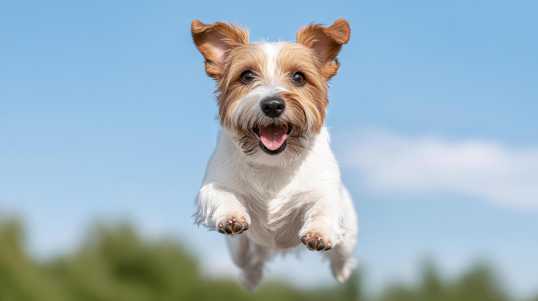 Joyful dog jumping in air with happy expression against blue sky photo