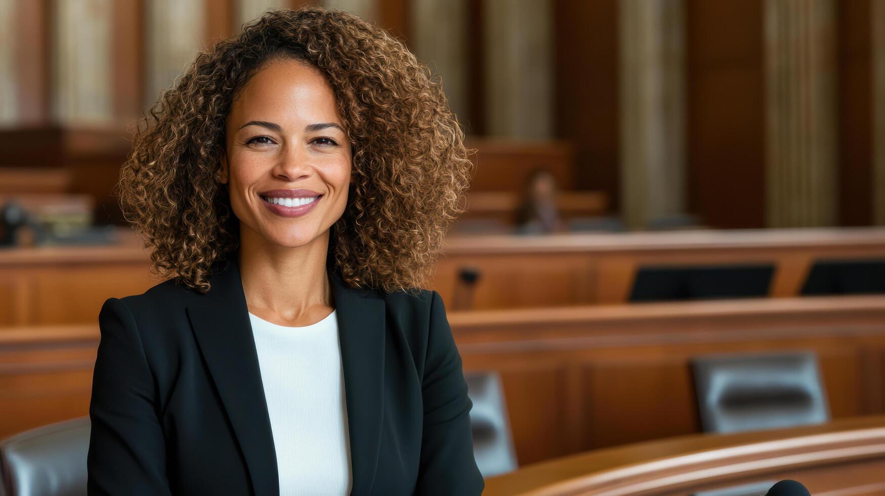 confident woman smiling in formal setting, showcasing professionalism and warmth photo