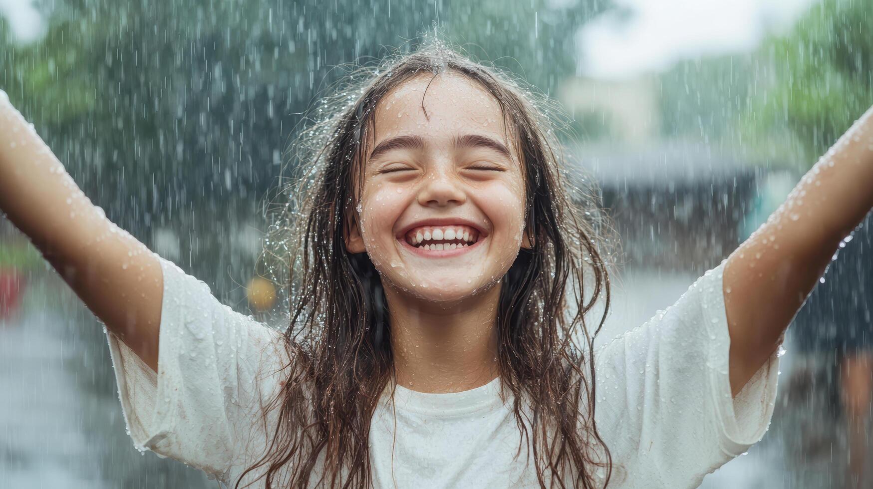 Joyful girl laughing and dancing in rain, embracing moment photo