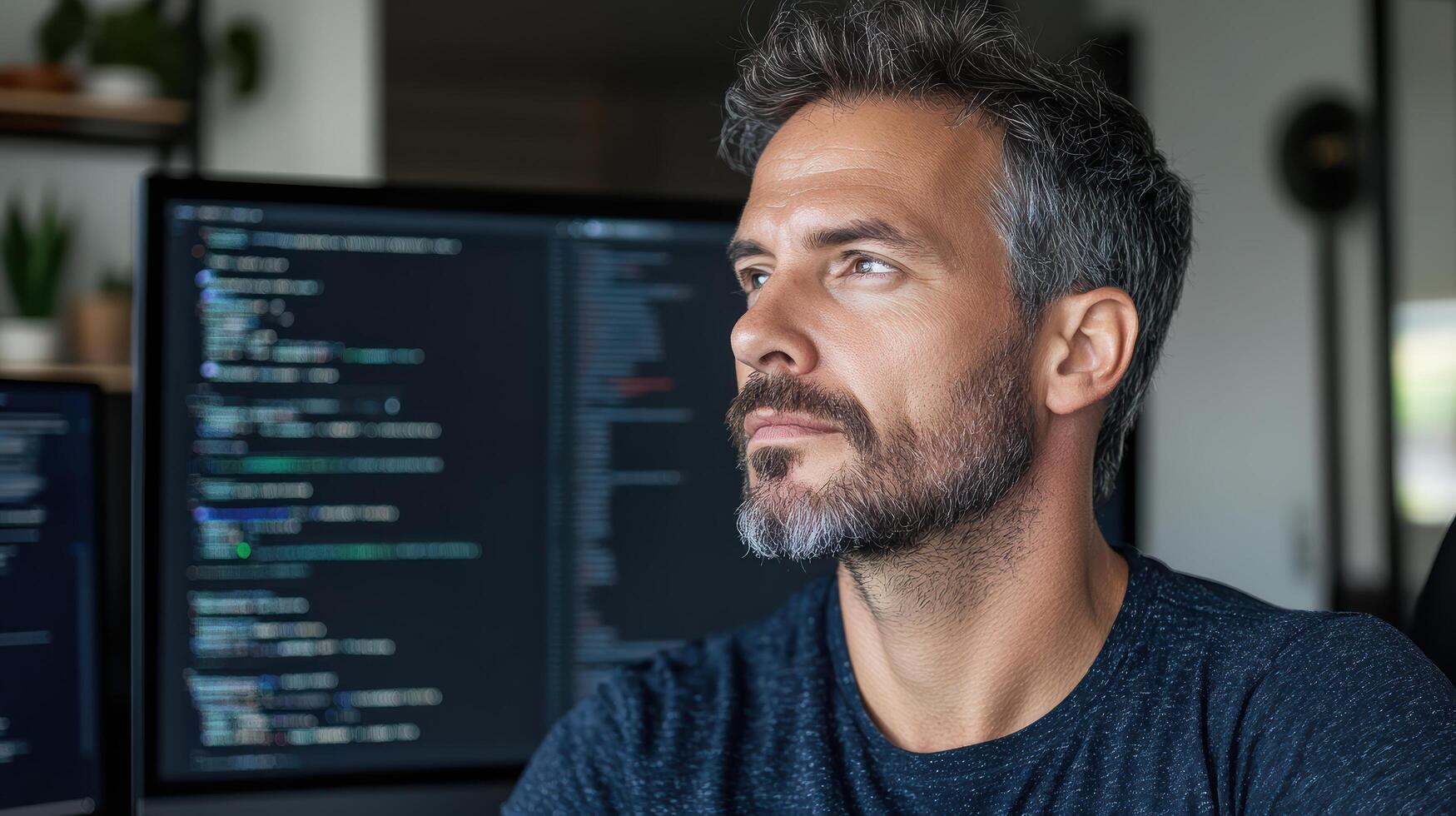 Focused man working on coding projects in modern office environment photo