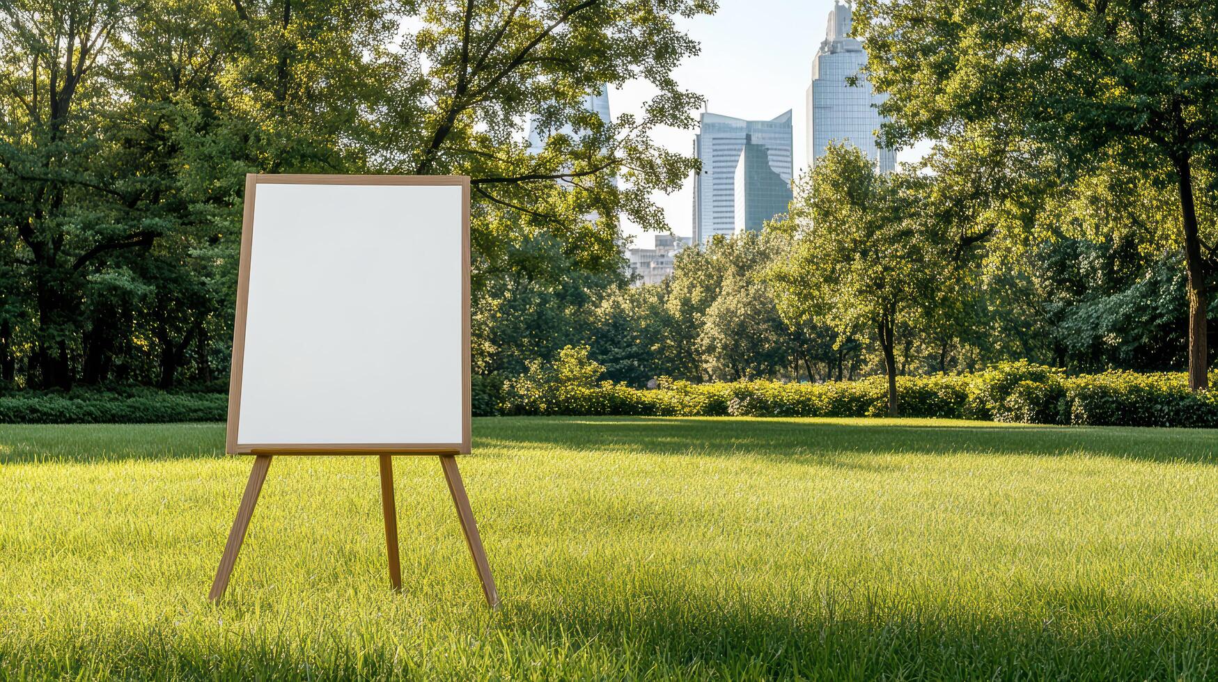 blank easel in green park with city skyline backdrop creates serene atmosphere photo