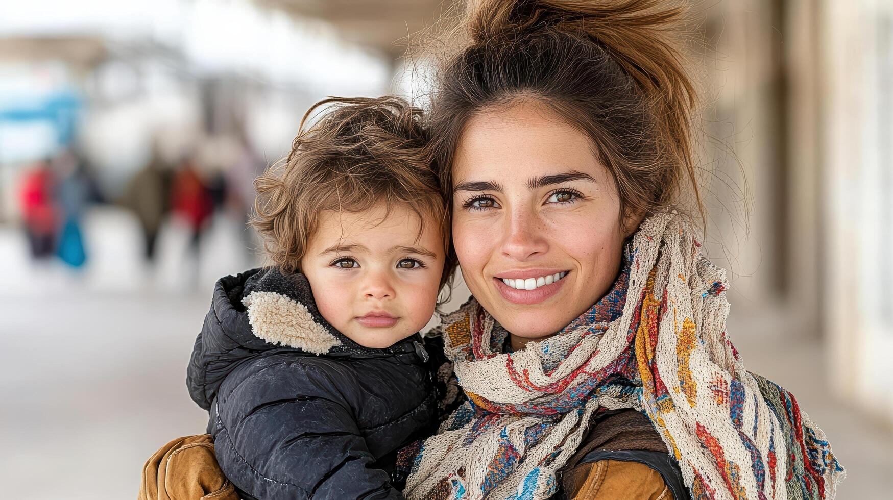 woman holding her child, both smiling warmly in bright setting photo