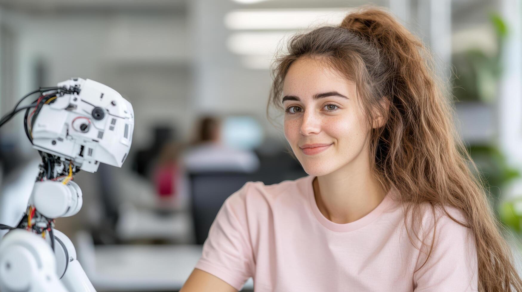 Robotic assistant helping employee with scheduling tasks in office photo