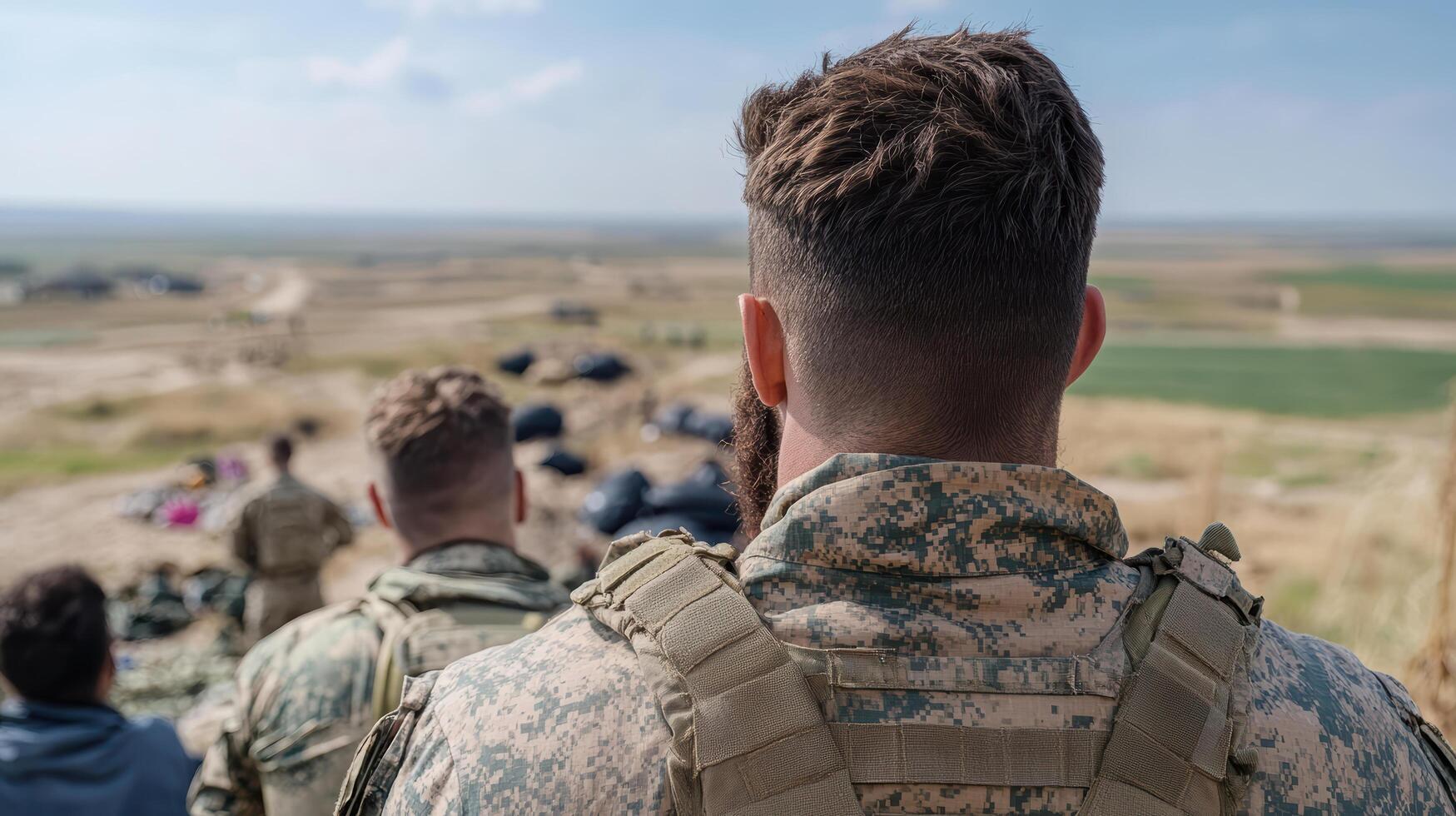 soldier observing landscape, reflecting on their mission and surroundings photo