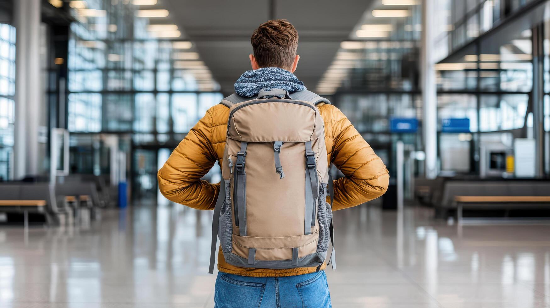 solo traveler with backpack stands in airport terminal, ready for adventure photo