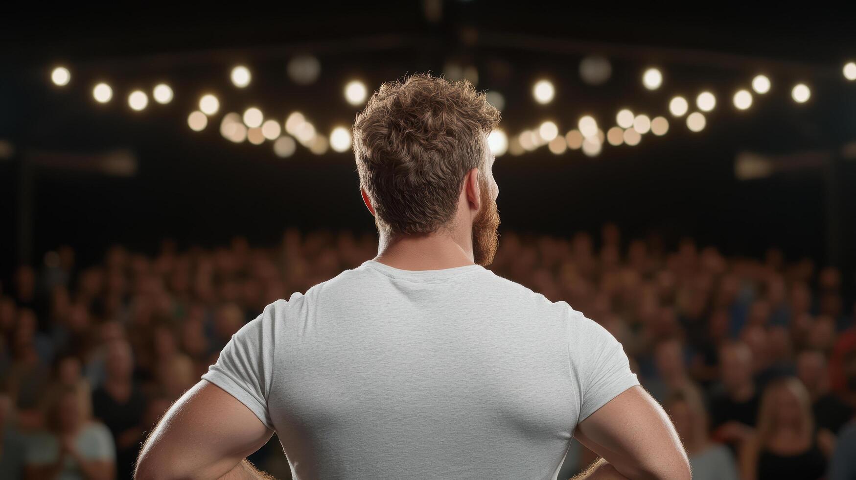 stand up comedian performing in front of lively audience, creating laughter photo