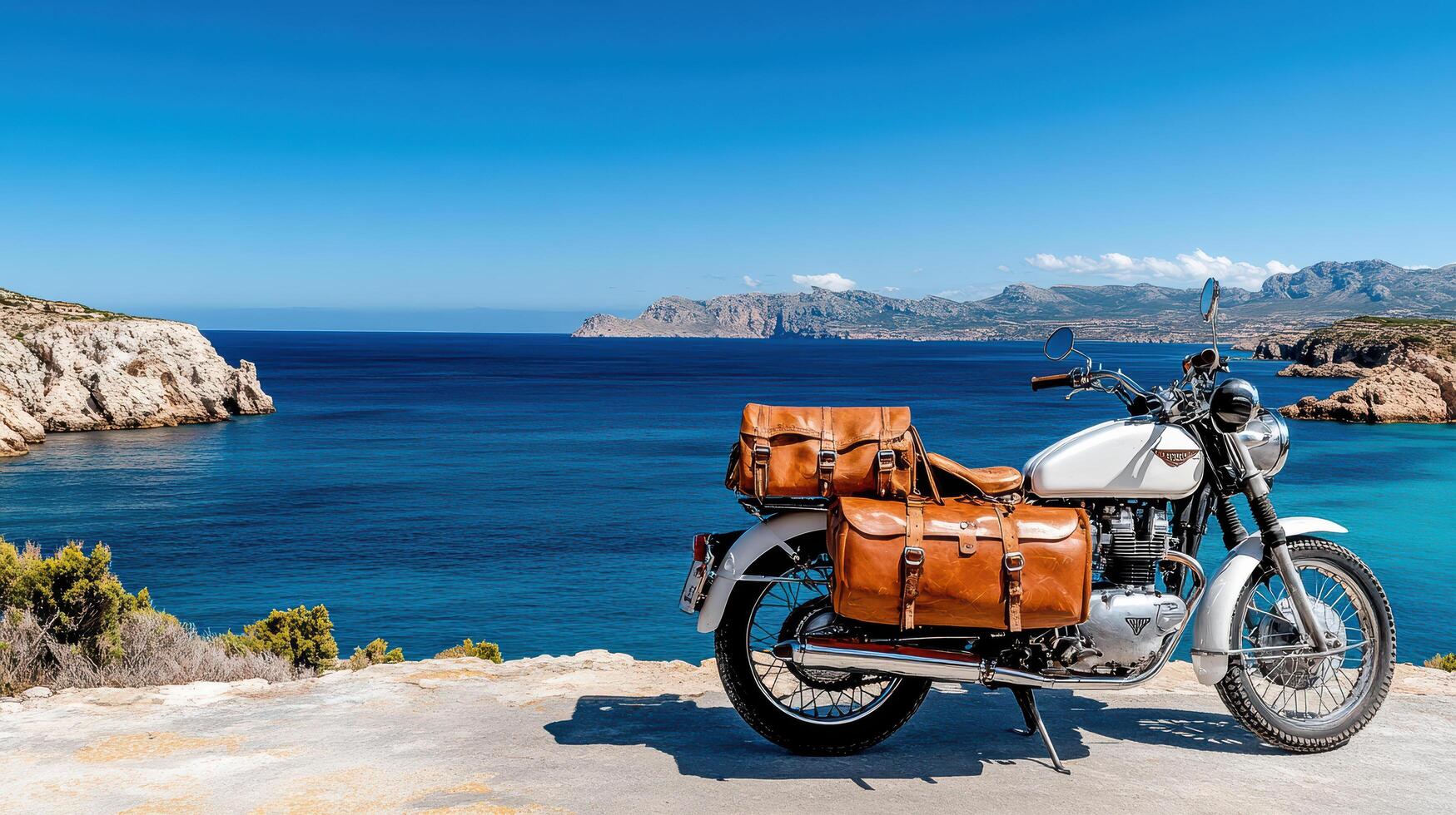 vintage motorbike with leather bags parked by scenic coastal view photo