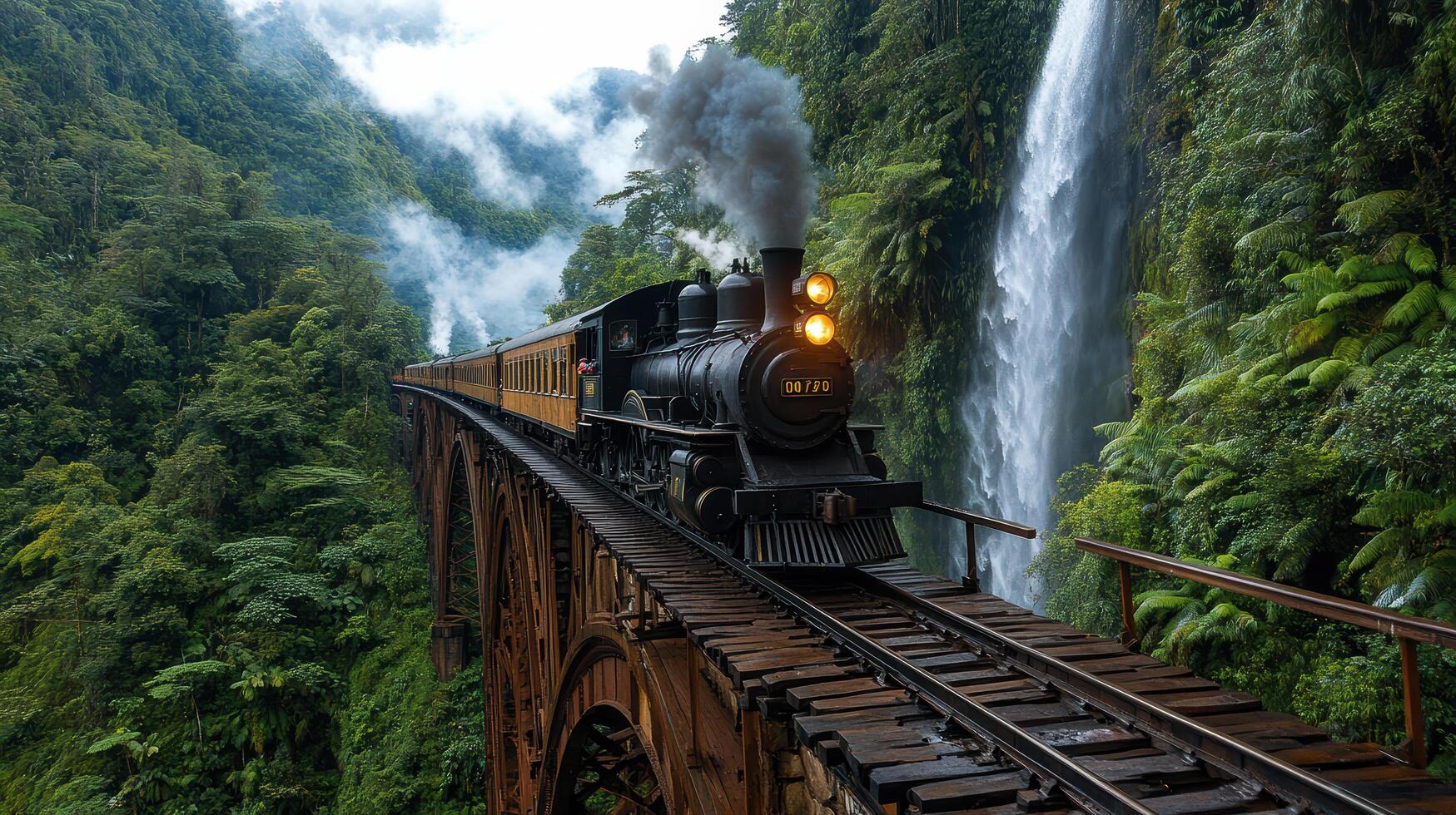 vintage steam train chugging along narrow railway bridge surrounded by lush greenery and photo
