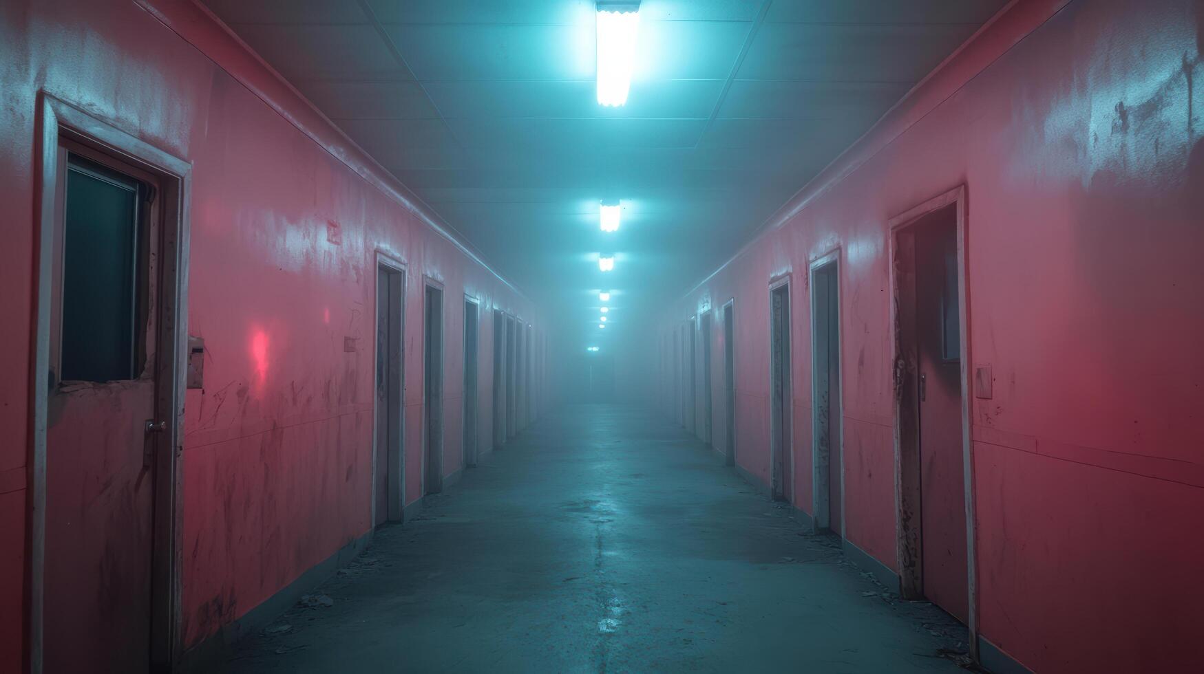 dimly lit corridor with pink walls and fog, creating spooky atmosphere photo